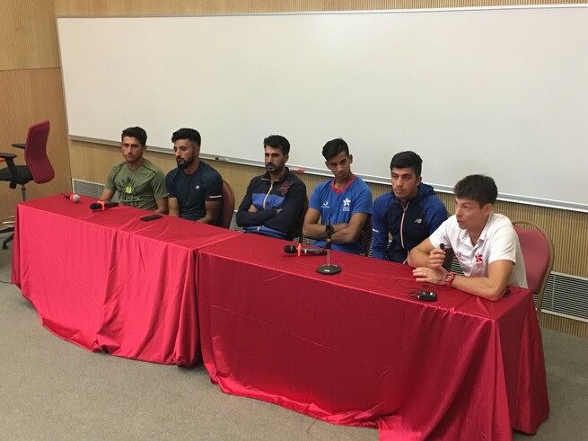 Cricket HK Team, led by Head Coach, Mr Simon COOK, in mock press conference answering questions from students of “Sports Media, Communication & Public Relations” module posing as sports reporters.